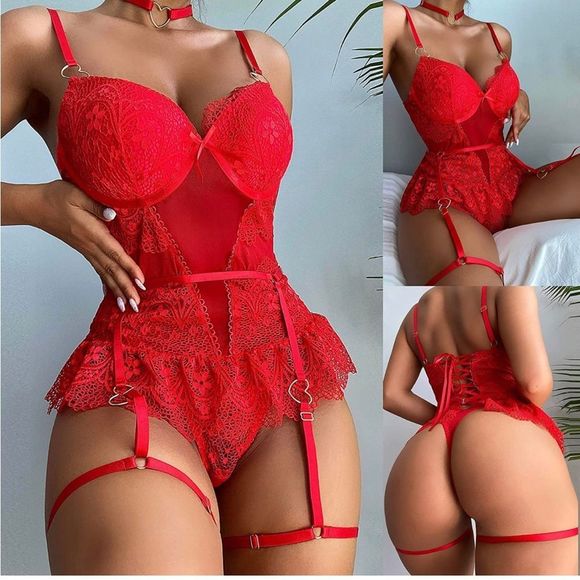 NWT Red Floral Lace Underwire Bustier Garter Set With Heart Choker - Picture 3 of 10